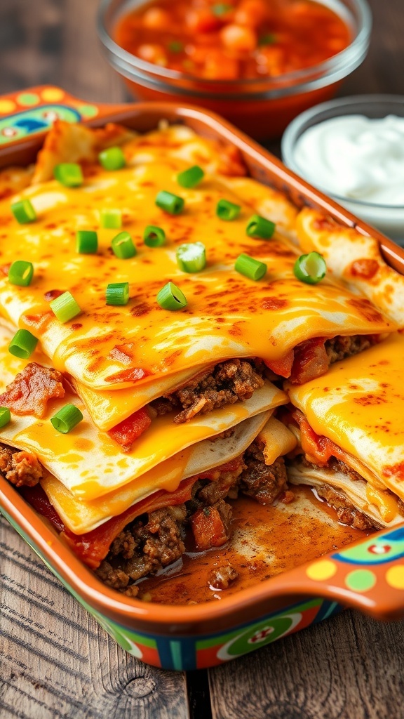 A baked quesadilla casserole with tortillas, beef, and cheese, garnished with green onions, served with salsa.